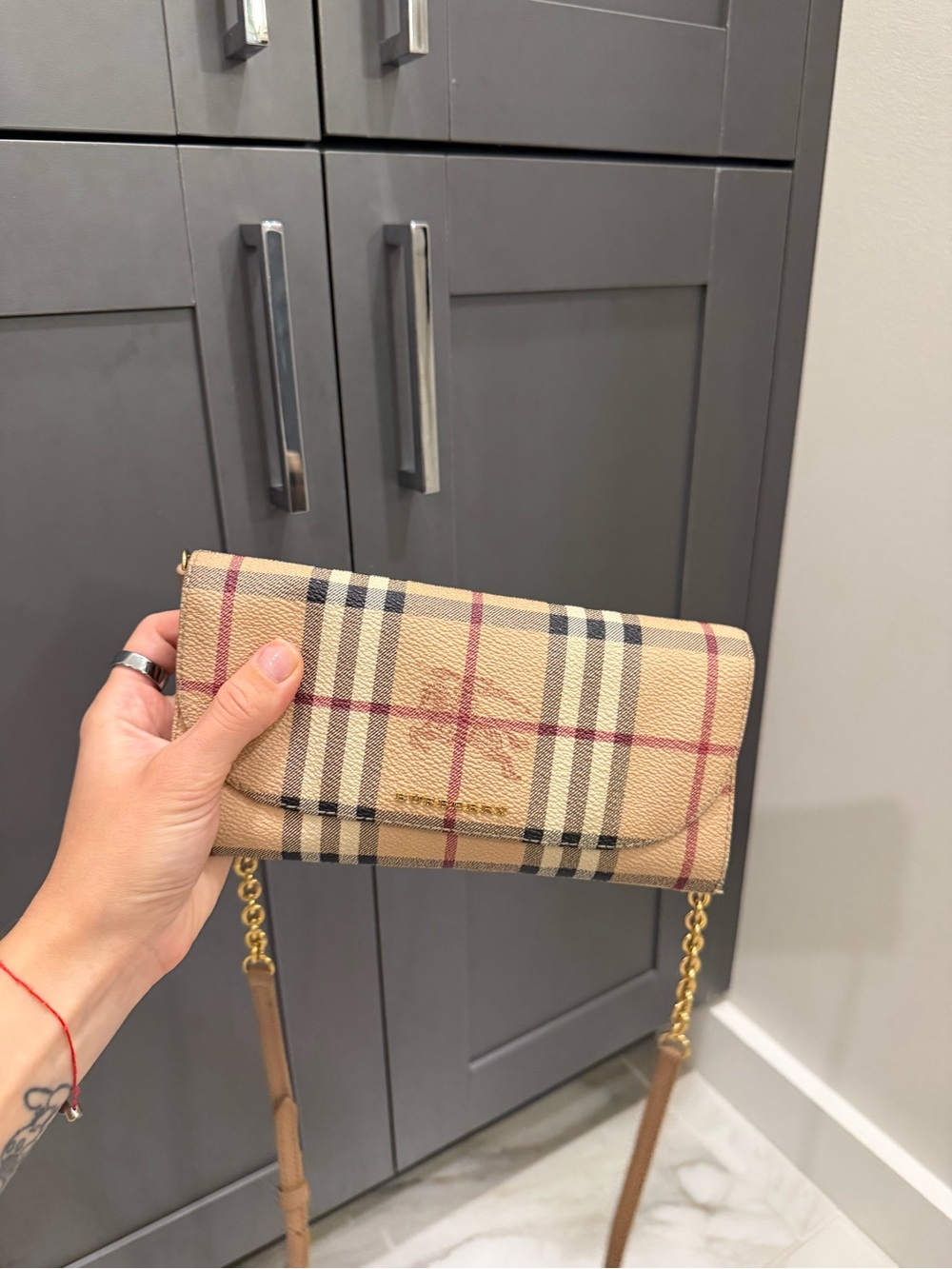 Burberry Beige Check Crossbody Wallet with Chain Strap